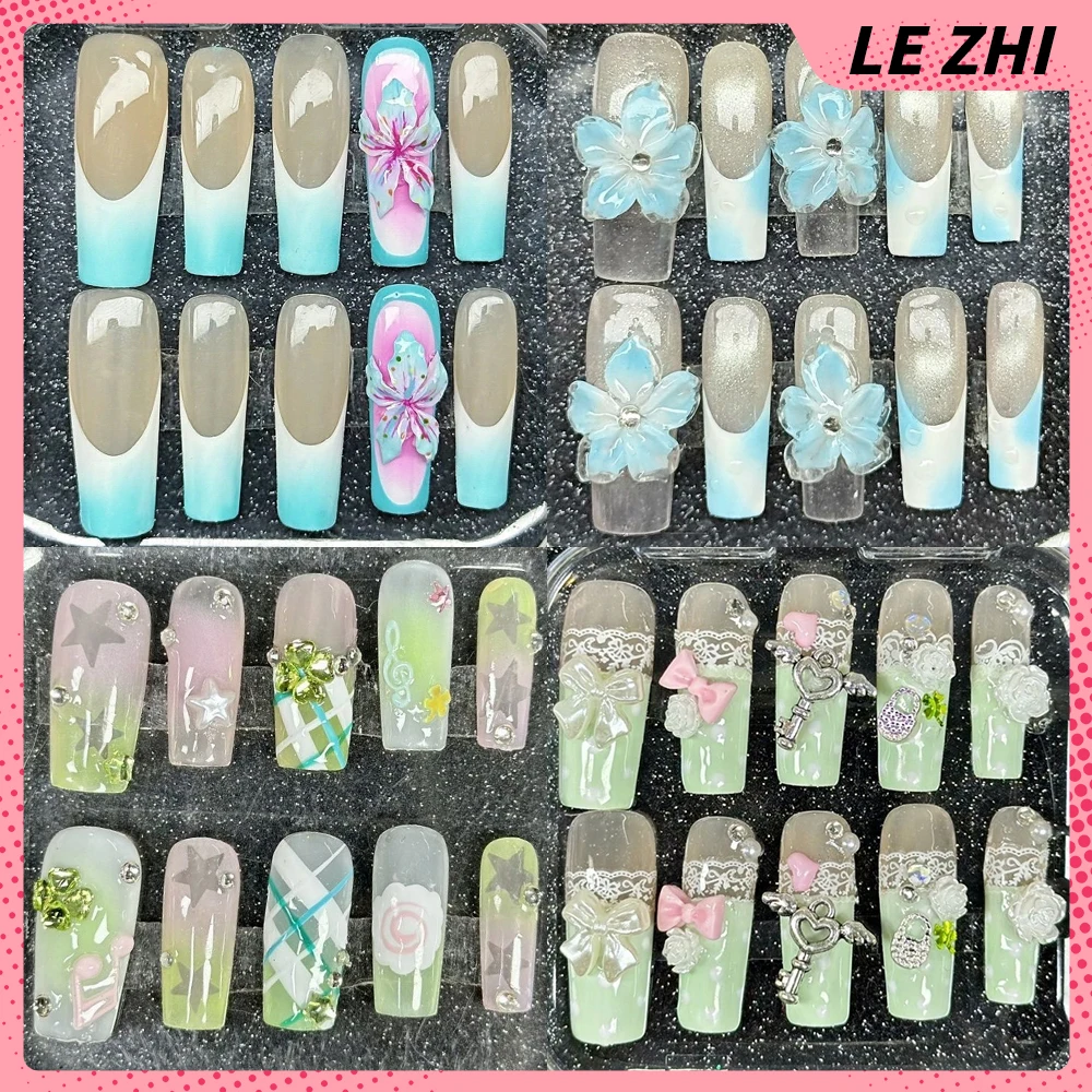 

10Pcs Spicy Girl Style Long Almond Coffin Handmade Nails Party Sticker Hand Painted Flowers Pearl Diamond Reusable Fake Nails