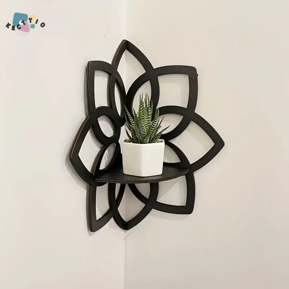 Mandala Flower Corner Shelves Decorative Frame Stylish Wooden Floating Shelves Durable Wall Mount Crystal Display Rack Offices