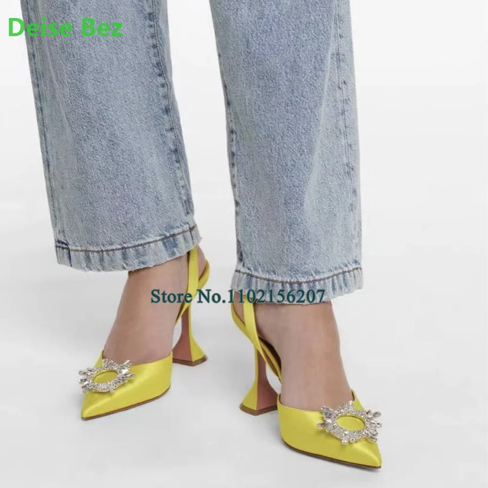 Slik And Satin Fabric Crystal Circle Pumps For Female Women Luxury Pointed Toe Slingback Back Strap Solid Shallow Fashion Shoes