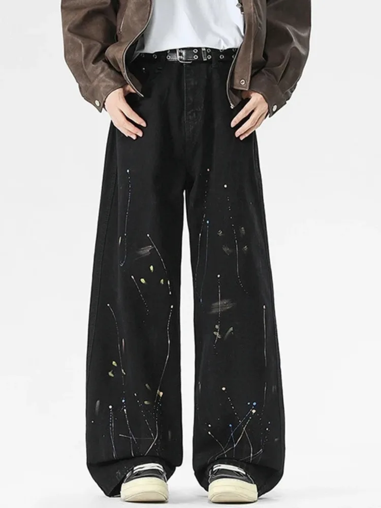 Men's Splatter Edgy Print Jeans Black Washed Wide Leg Baggy Fit Streetwear Casual Premium Denim ZKV6