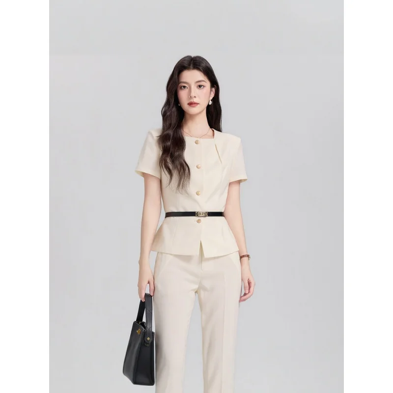 

2025New short-sleeved professional suit for women, elegant commuting blazer set, slim-fit formal workwear