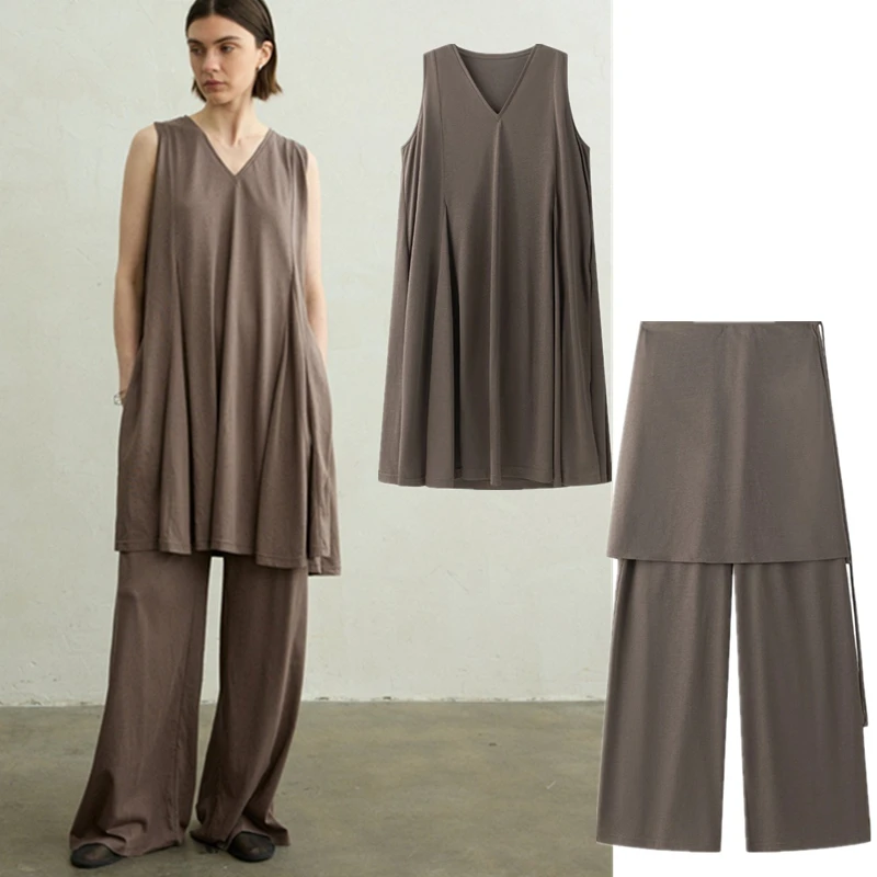 Maxdutti French Minimalist Elegant Relaxed Loose V-neck Sleeveless Vest Skirt Pants Set Woman Clothes Pant Sets Two Piece Set