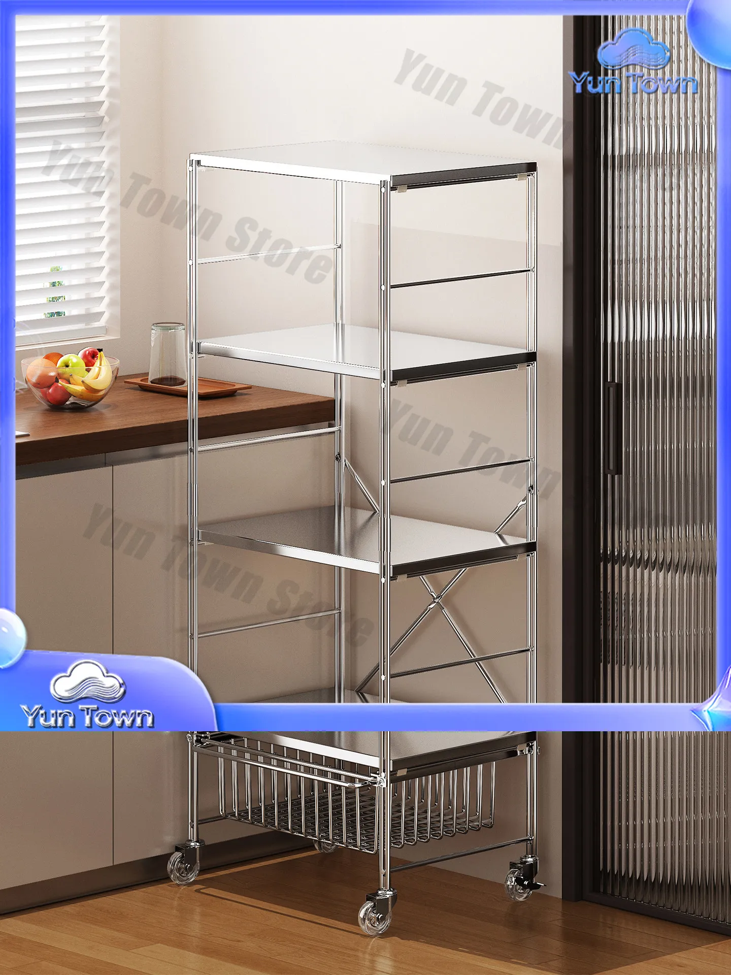 Modern Kitchen Microwave Rack Stainless Steel Floor-to-Floor Four-layer Shelf Multi-Functional Locker with Wheels