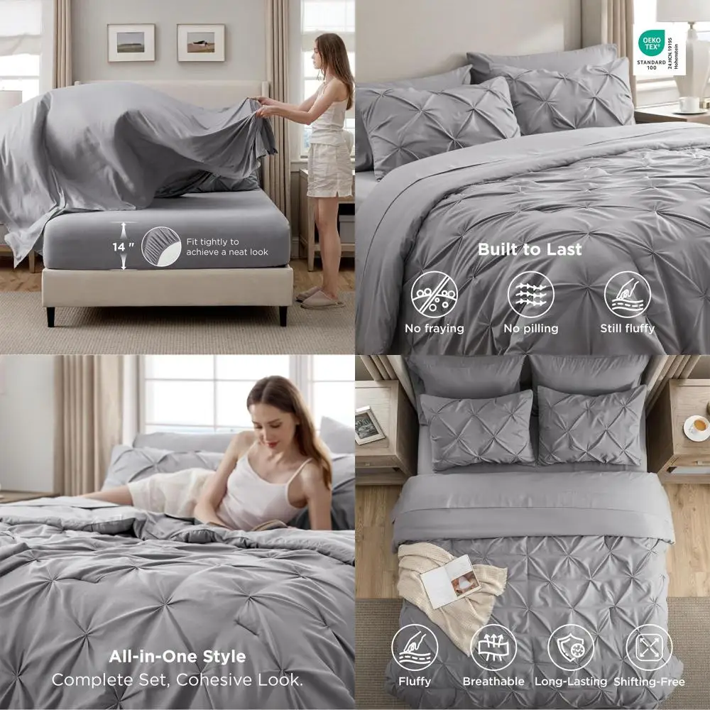 

7-Piece Grey Queen Bedding Set: Soft Pintuck Comforter with Sheets, Pillowcases & Shams - All Season Luxury