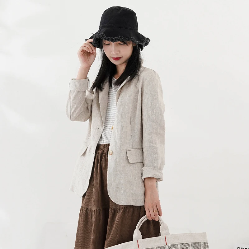 100% Linen Women Blazer Casual Notched Collar Long Sleeve Singgle Breasted Office Lady Outerwear Stylish Tops Retro Coat