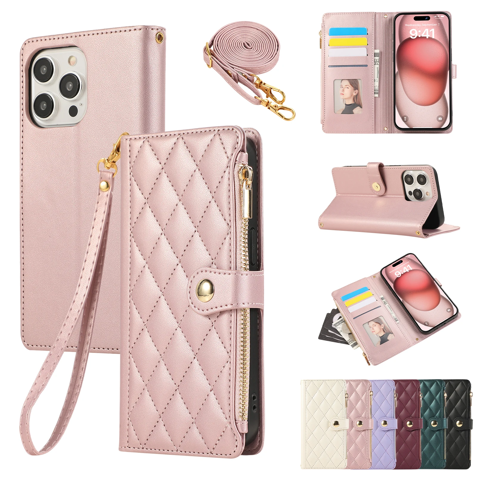 Crossbody Zipper Cards Solt Wallet Leather Case For iPhone 16 Pro Max 15 Plus 14 13 12 11 SE2022 Bag Purse Flip Book Strap Cover