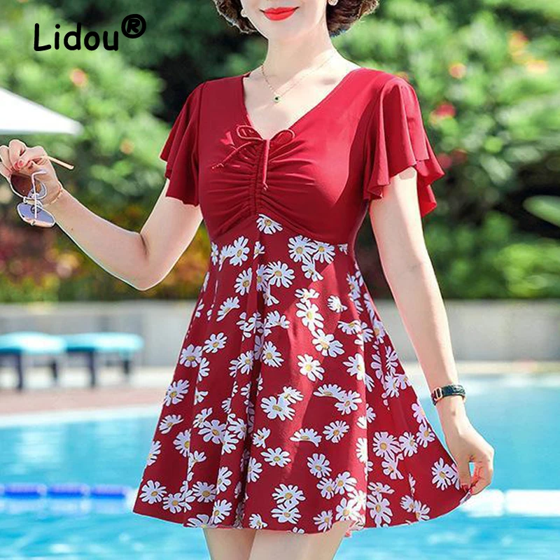 Women Floral Print Patchwork Lace Up Two Piece Swimsuit 2023 Summer Elegant Fashion Short Sleeve Slim Beach Mini Dress Swimwear