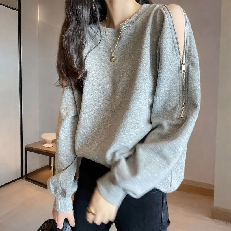 سويت شيرت رمادي بدون أكتاف للنساء للربيع والخريف بتصميم سحاب رفيع وفضفاض ورقبة دائرية #2