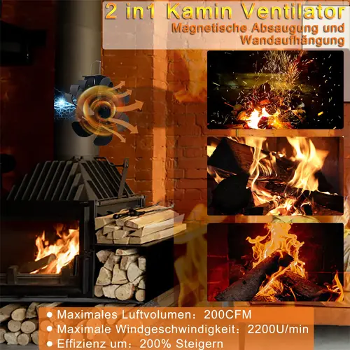 Imagen 2 del producto Ventilador de estufa de leña magnético de 6 aspas para chimenea y tuberías, circulación de calor eficiente, adecuado para quemador de leña/madera