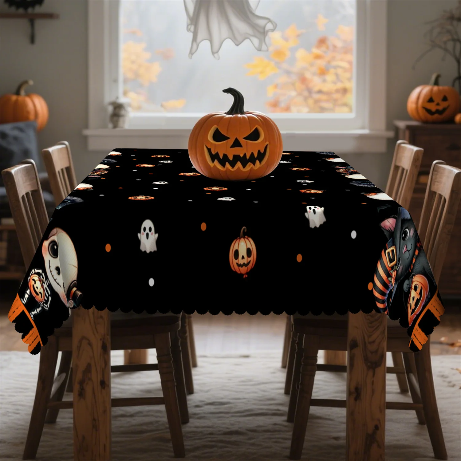 Cartoon cat skull pumpkin ghost flower Halloween tablecloth, 1 pack, suitable for kitchen table, outdoor usezyc