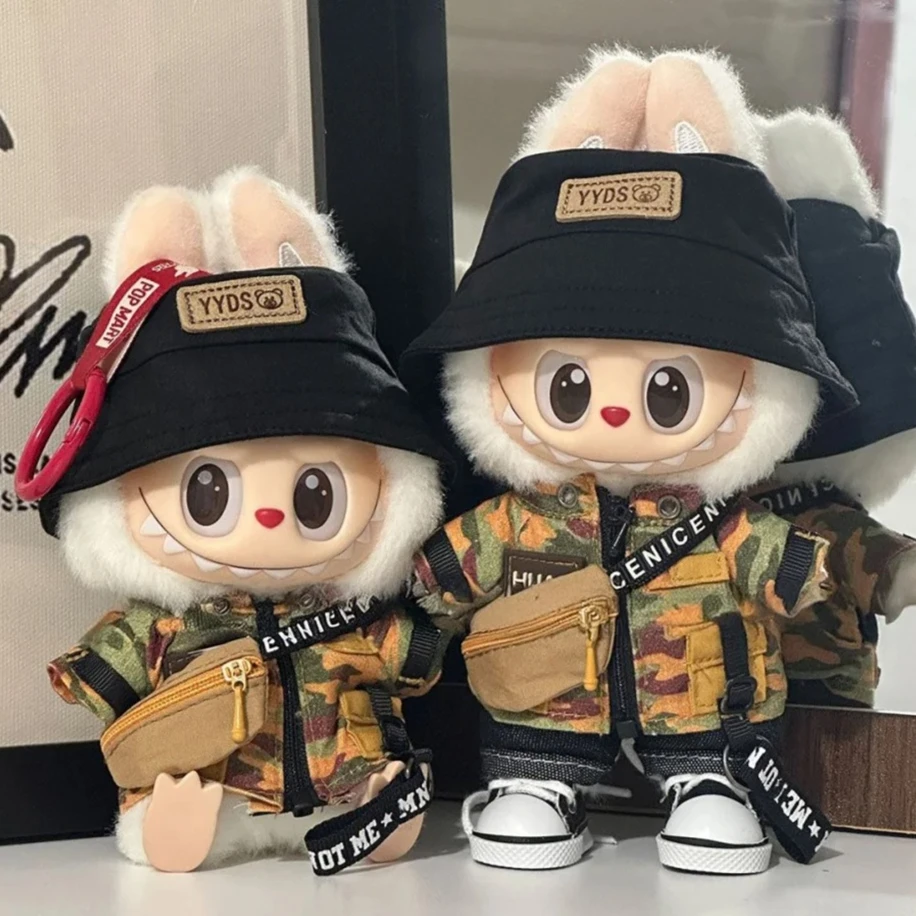 

17cm Labubu Clothes Trendy Fisherman Hat Camouflage Suit Kawaii Mini V1 V2 V3 Labubu Clothing Plush Doll Accessories Gift