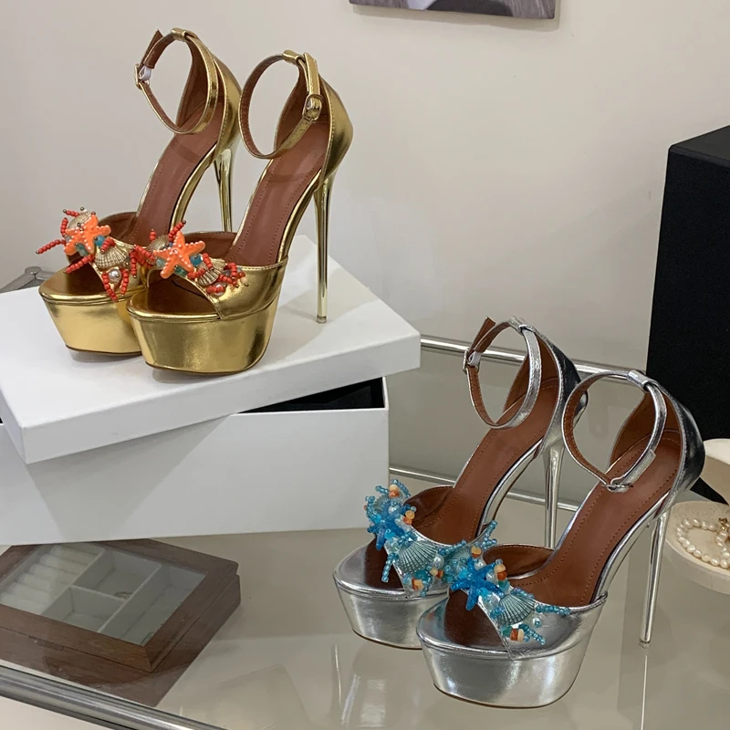 

Aneikeh Nightclub Sexy Buckle Strap Extreme Stiletto High Heels Women Sandals Platform Peep Toe Banquet Prom Shoes Pumps