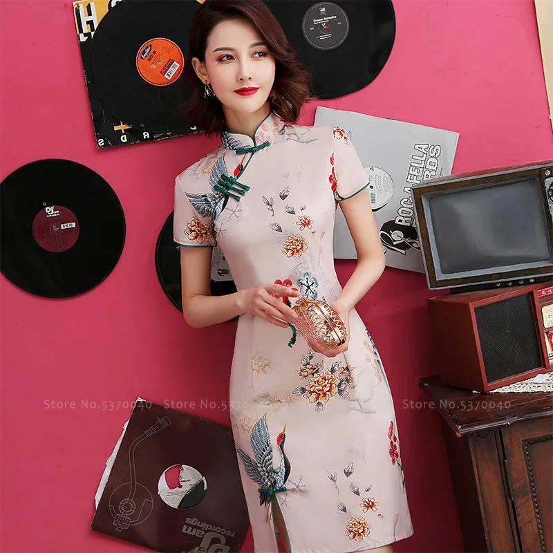 

Women Sexy Qipao Vintage Tang Suit Crane Print Party Wedding Dress Chinese Traditional Hanfu Cheongsam Japanese Ukiyo-e Qi Pao