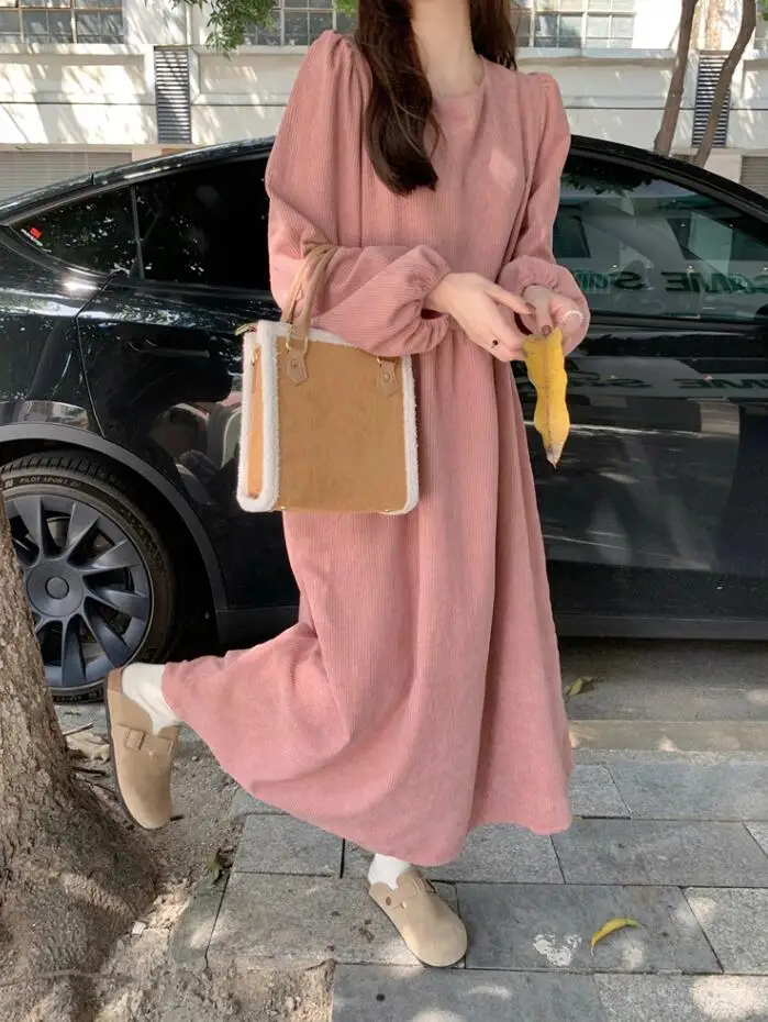 Autumn/Winter New Fashion Long Sleeved Round Neck Corduroy Solid Color Slim Fit Dress For Women,2 Colors