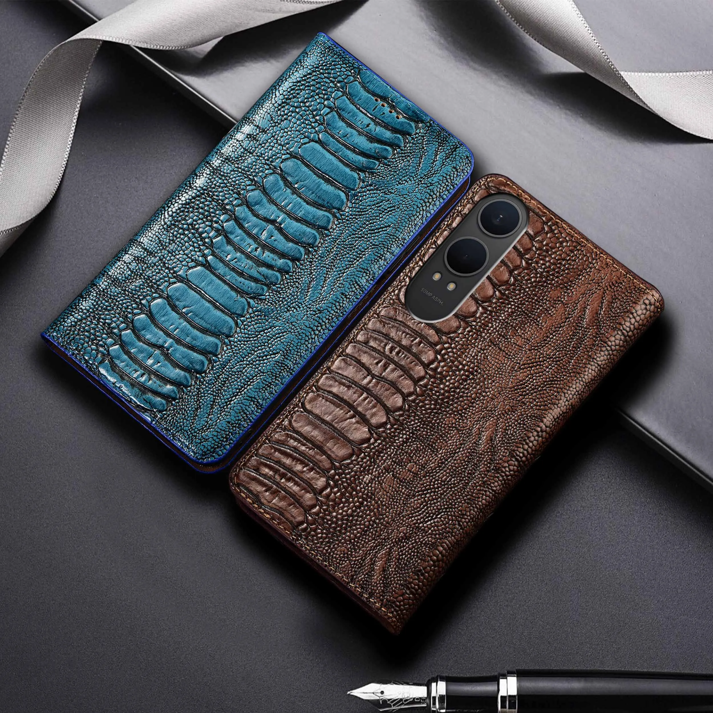 

For Oneplus Nord N20 N30 N100 N200 N300 2 CE2 3 CE3 4 CE4 SE Lite Ostrich Feet Pattern Of Genuine Leather Flip Phone Cover Case