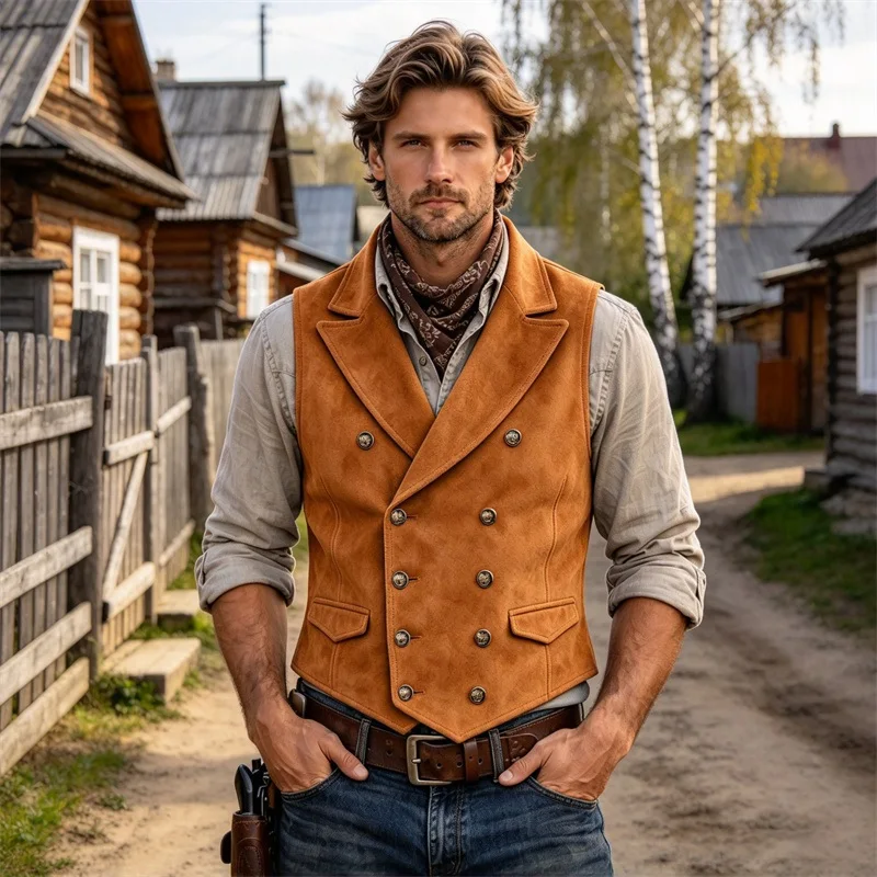 Men's Vintage Western Cowboy Waistcoat Double Breasted Sleeveless Vest For Halloween Cosplay Party Outdoor Daily Casual Wear