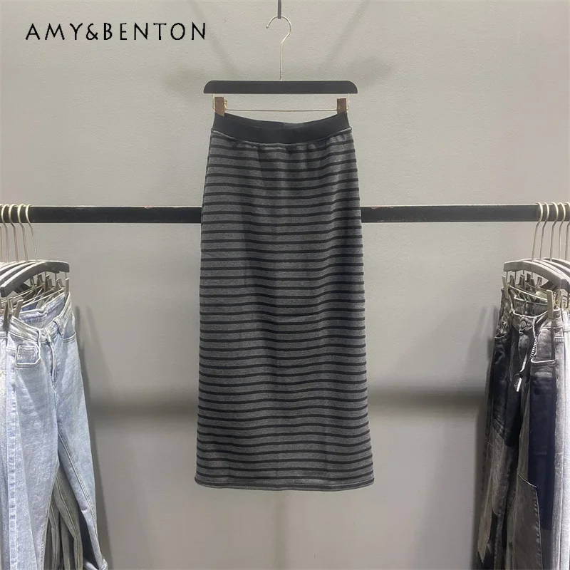 

Vintage Design Elastic Waist Striped Women's Skirt 2025 Autumn Winter Fleece Lined Thickened High Waist Slit Long Skirts Ladies
