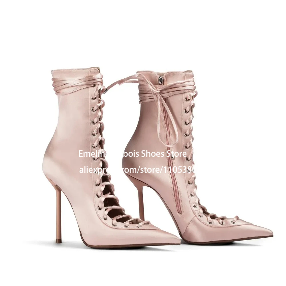 

Mesh Lace up High Heel Ankle Boots Pointed Toe Cut out Sexy Stiletto Heel Short Sandal Boots for Women Party Evening Date Club