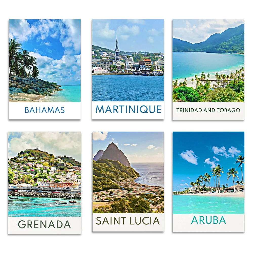 Martinique, Bahamas, Grenada, British Virgin Islands, Trinidad and Tobago, Aruba, Saint Lucia travel poster. Caribbean Sea