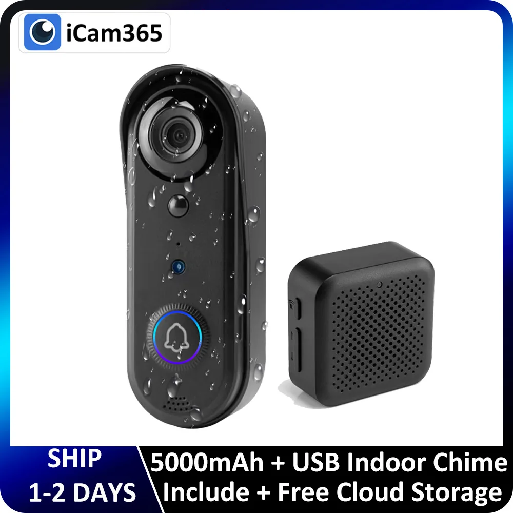 Bel pintu Video pintar IP65, bel kamera pintu PIR luar ruangan IP65 baterai 1080P 2.4Ghz WiFi nirkabel 5000mAh gratis penyimpanan Cloud