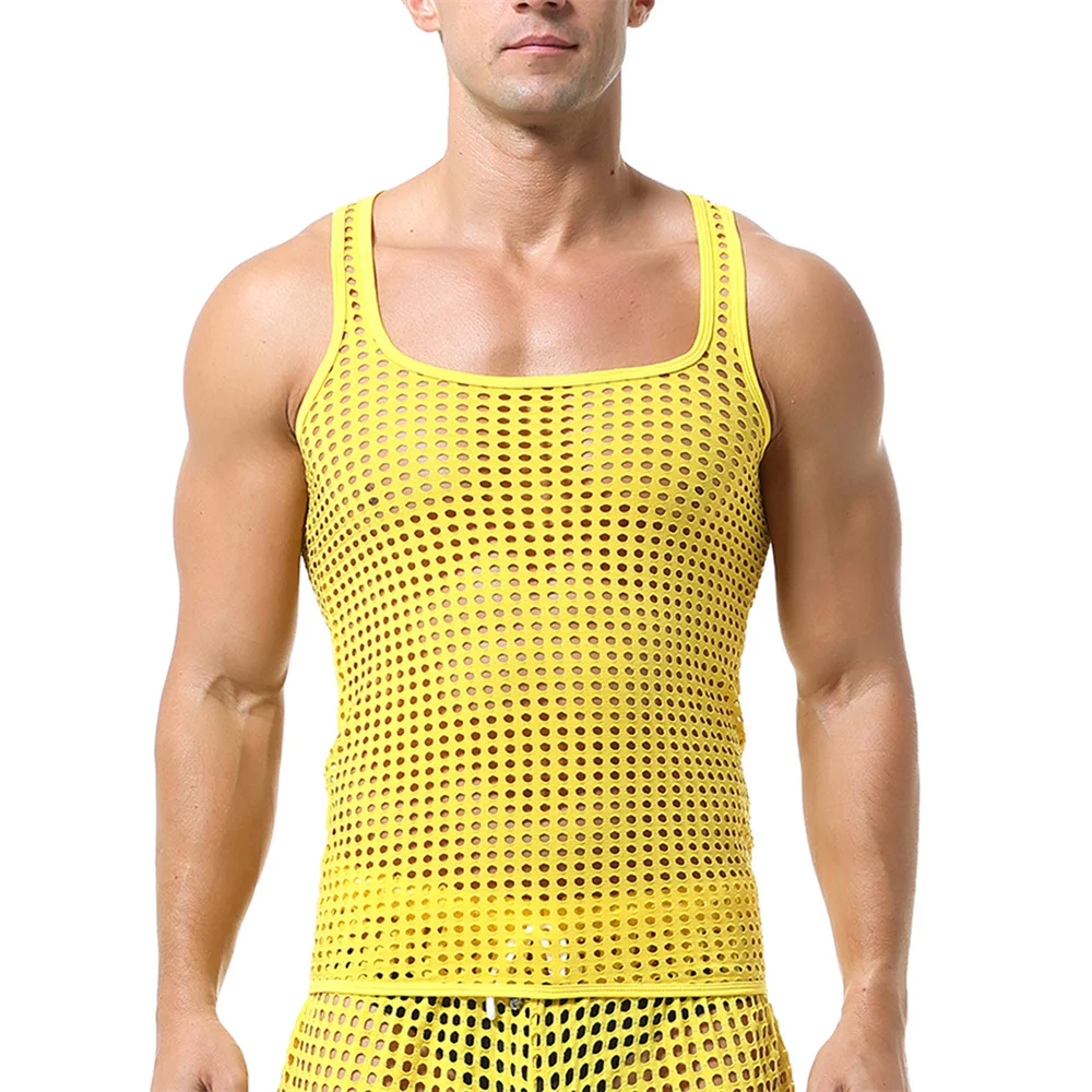 Mens Undershirts Sexy Transparent Mesh Fishnet Hollow Out Tank Tops Sport Gym Fitness Sleeveless T-shirts Tees Tops Male Vests