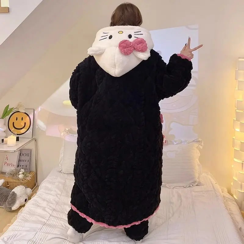 Kawaii Hello Kittys Pajamas Hooded Women Winter Nightgown Coral Velvet Three-Layer Extra Thick Quilted Thickened Homeclothes Set