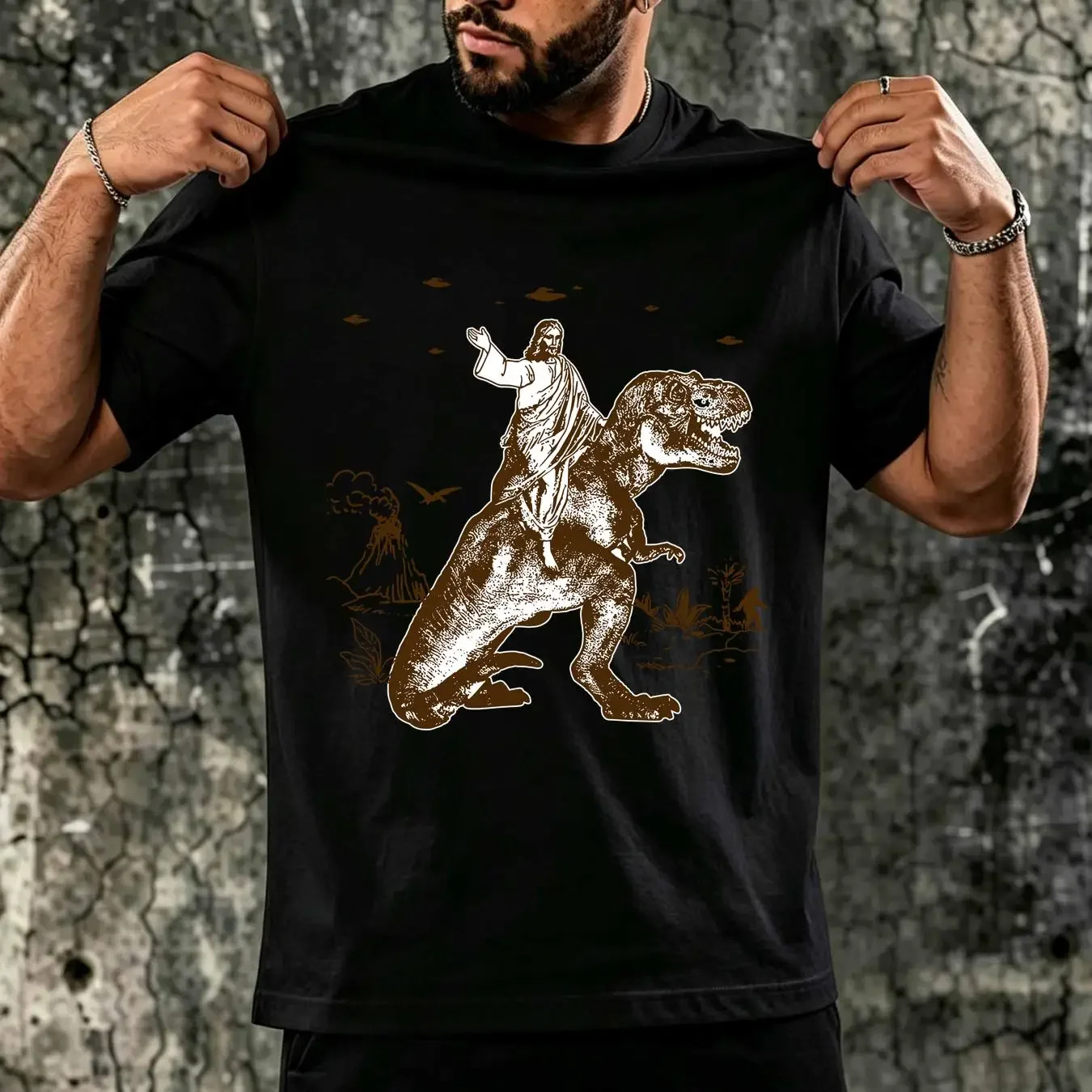 washed T Shirt Jesus Riding Dinosaur UFO Funny Offensive Cool Crazy For Guys Novelty long or short sleeves vintage Washed