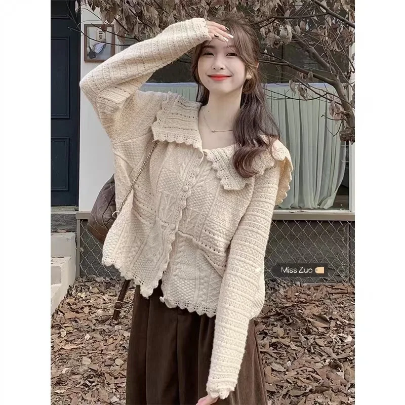 Women Autumn Korean Fashion Solid Color Peter Pan Collar Long Sleeve Knitwear Ladies Trend All-match Knitting Cardigan Coat