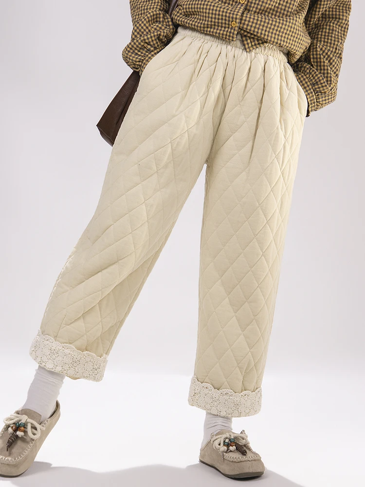 

Thiened зимние хлопковые брюки женские с высокой талией прямые брюки девять очков кружевные теплые ромбовидные швы Harajuku Sle
