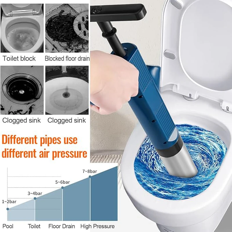 Powerful Toilet Plunger Stainless Steel Pipe Dredger Unblocker Pneumatic High-pressure Dredging Air Drain Blaster Tool Set