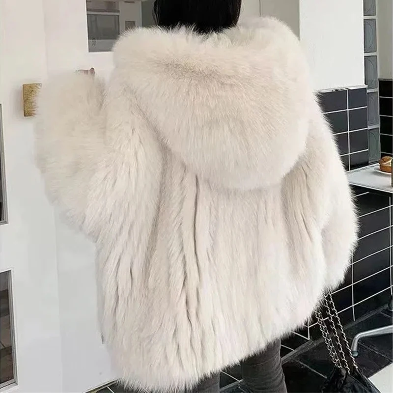 2023 NEW High-quality Fox Fur Coat Woman Short Jackets Hooded Overcoat Autumn Winter Young Lady Faux Fur Fluff Coats Loose Tops