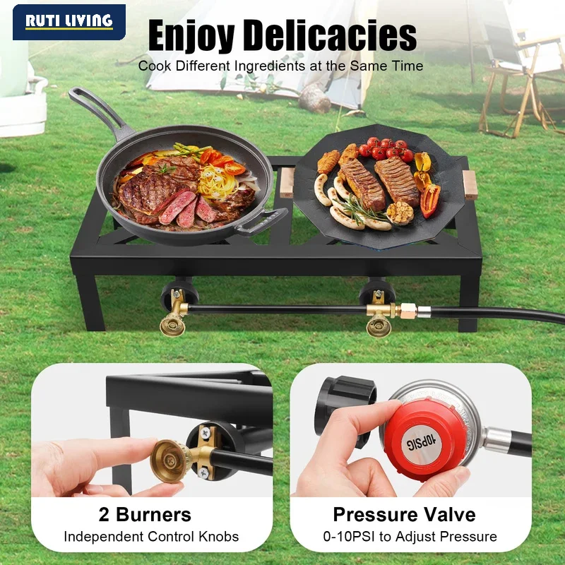 Portable 1/2 Burner Outdoor Gas Stove Propane Cooker with Adjustable 0-10Psi Regulator Hose for Patio Camping, BBQ
