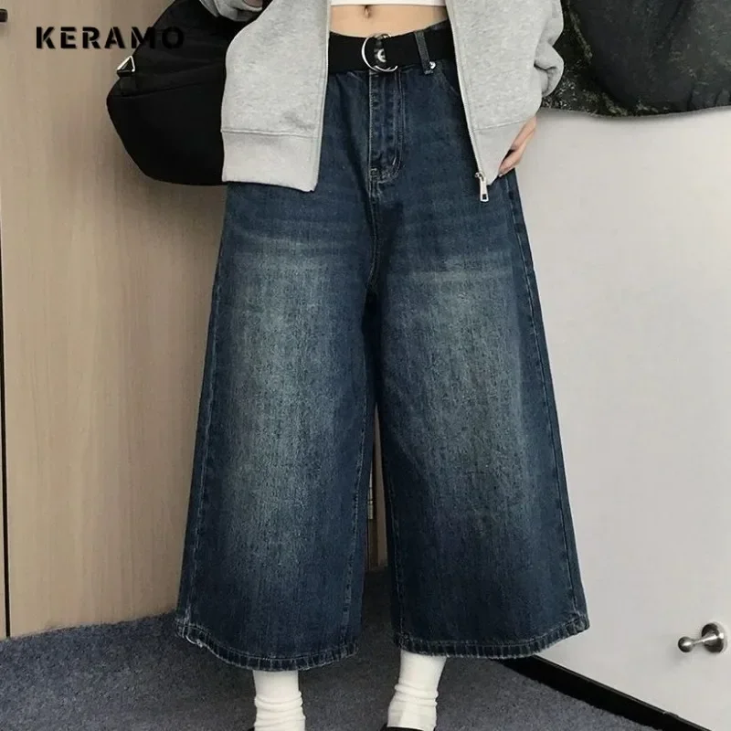 Celana pendek Jeans panjang menengah Retro Amerika 2024 celana pendek Hip-hop Grunge Y2K celana pendek Denim dicuci jalanan kasual wanita