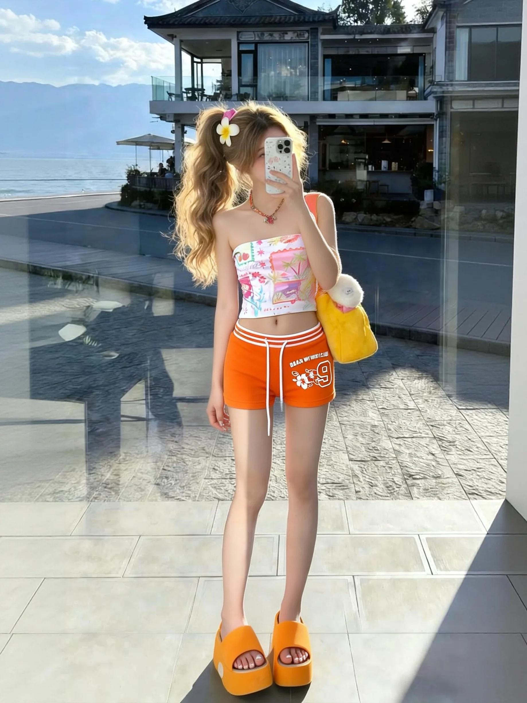

Dopamine Orange High Waist A-Line Sporty Shorts Women Summer Casual Beach Island Hot Pants Korean Style Straight Leg High Waist