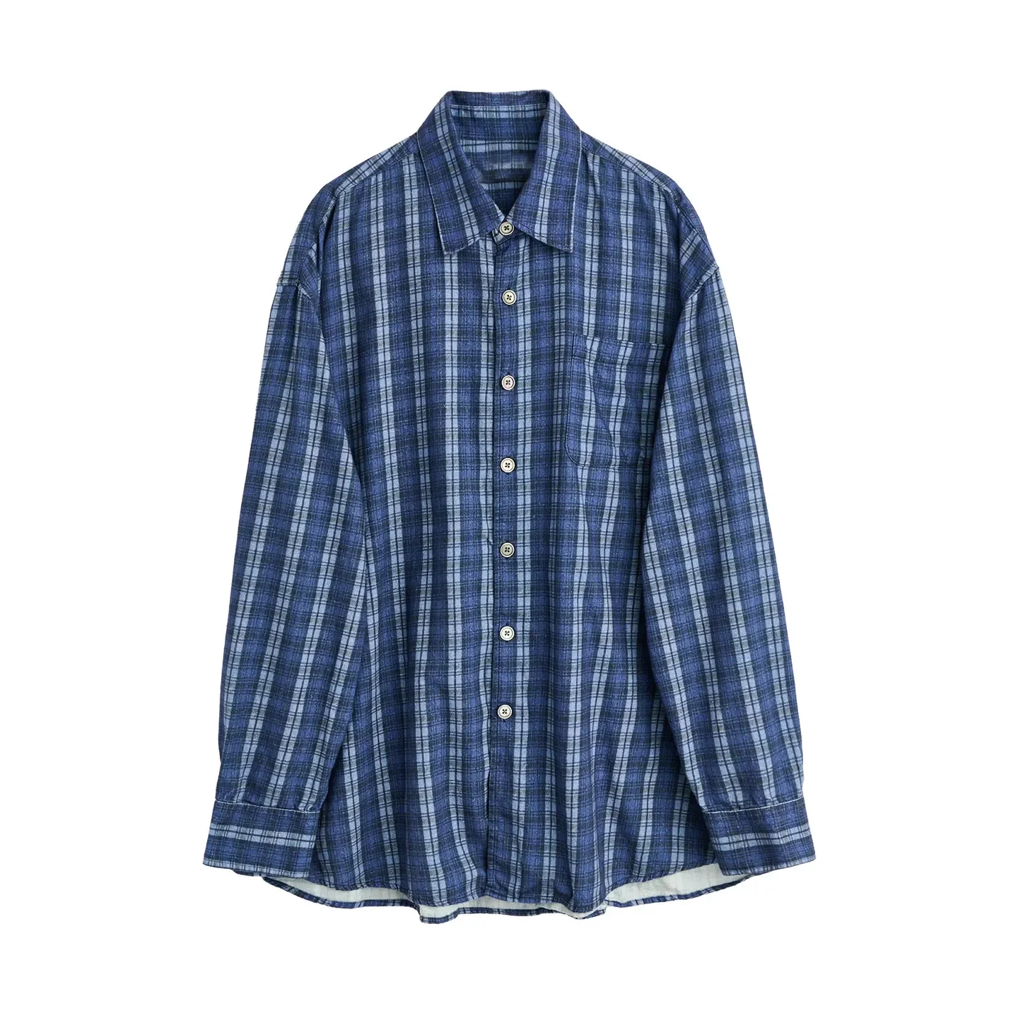 

OL style blue plaid casual loose 3D digital printing hem curved long-sleeved shirt