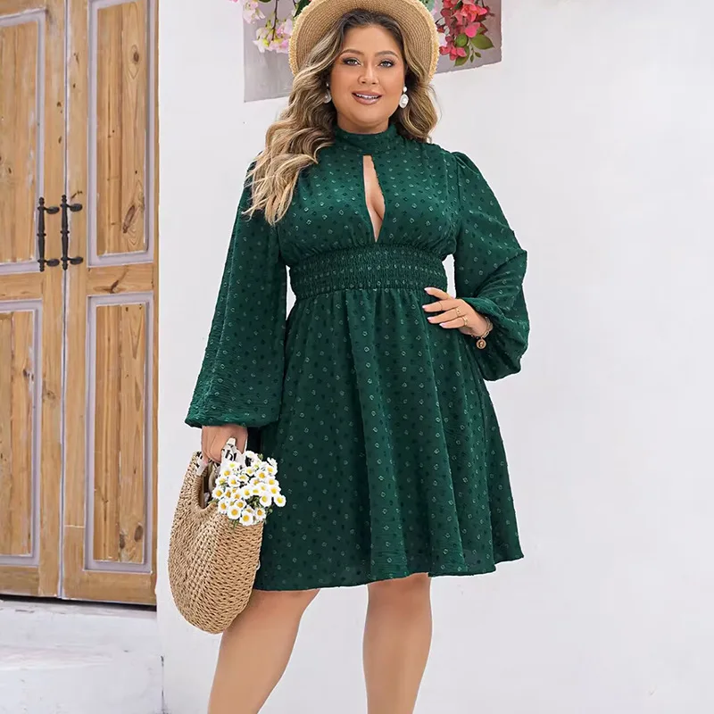 Plus Size Temperament Sexy Dress Bubble Ruffle Hollow Women\'s Dresses Elegant Long Sleeve Casual Lady Solid Color Short Dresses