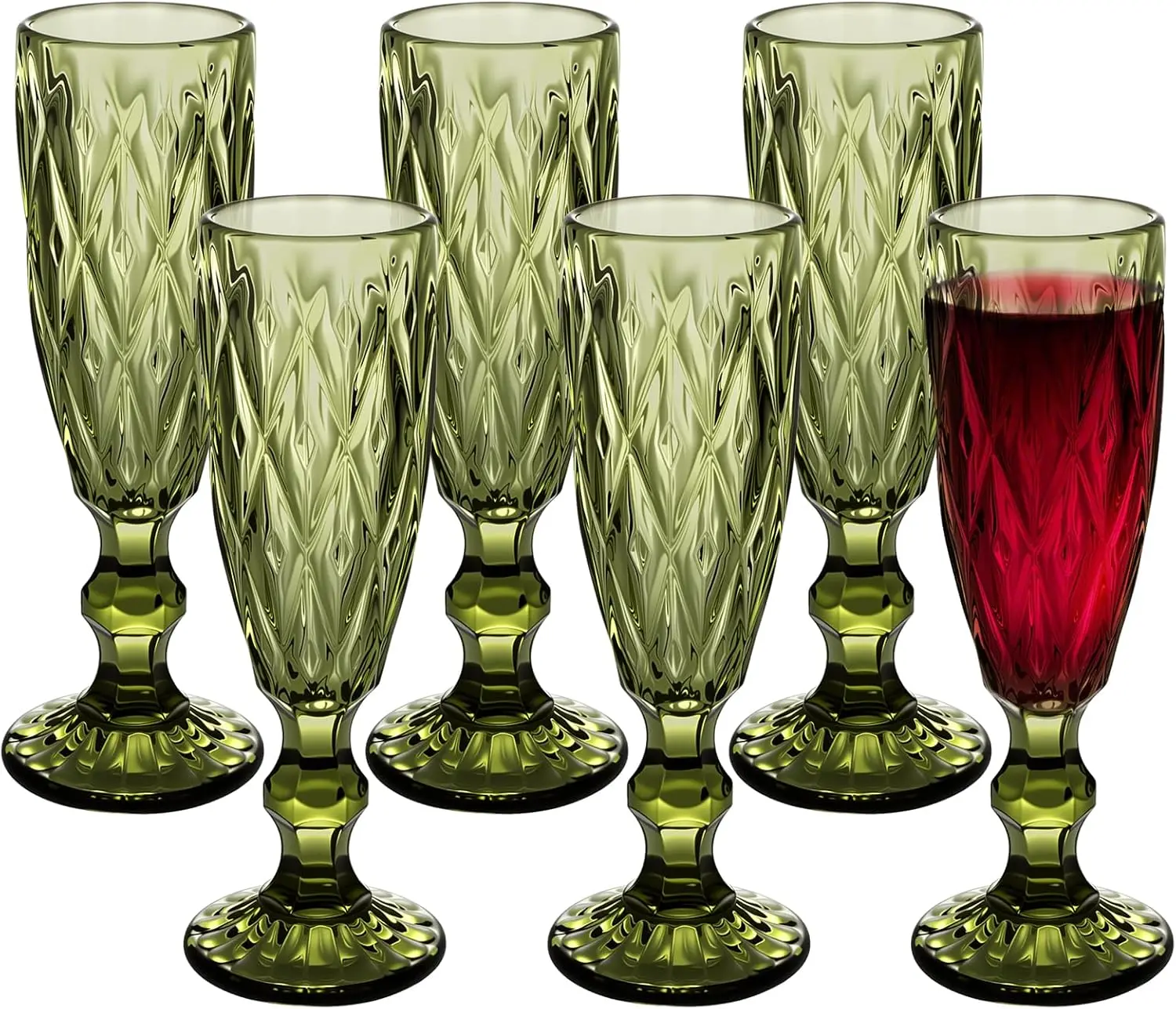 

6Pcs Vintage Green Champagne Flutes, Glass Wine Glasses Set, Drinking Goblet Glasses Wedding Glassware for Christmas, Ne