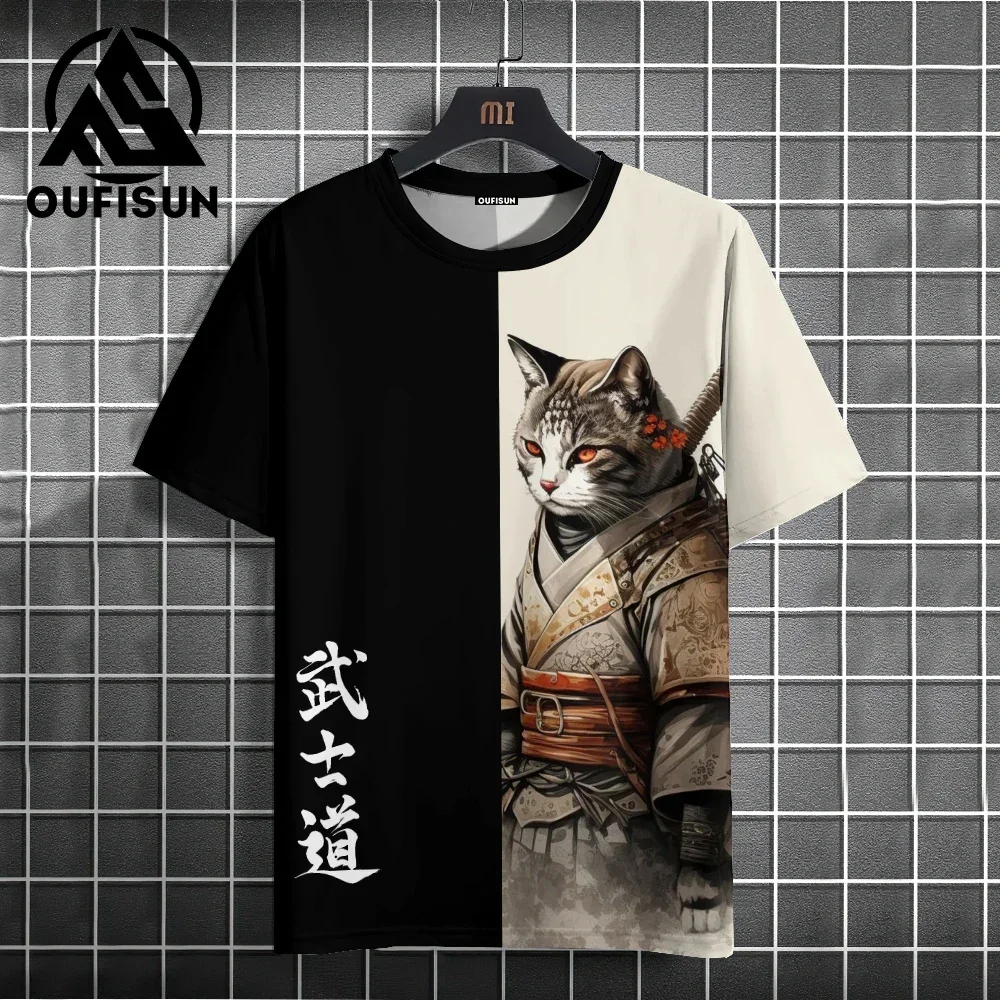 Men's T-Shirt Cartoon Cat Graphic Japanese Samurai Print Casual Pullover For Men Top Loose Short Sleeve Tees Men's Clothing Tops