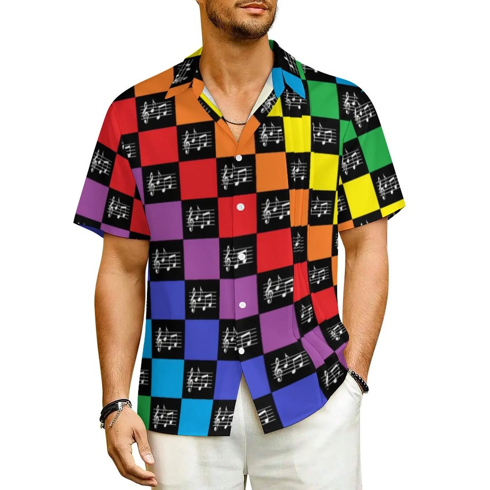 

Rainbow Music Notes Hawaii Shirt For Mens Vacation Checkered Casual Shirts Short-Sleeved Streetwear Trendy Oversized Blouses