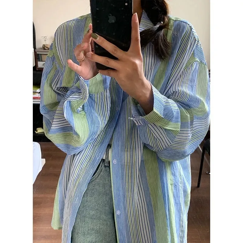 

Women's Blue Green Pattern Oversized Shirt - Long Sleeve Loose Blouse for Travel/Daily Wear