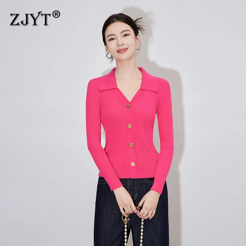 ZJYT Autumn Winter Turn Down Collar Cardigan Sweaters for Women Knitting Tops Elegant White Knitwears Black Jersey Mujer Fashion