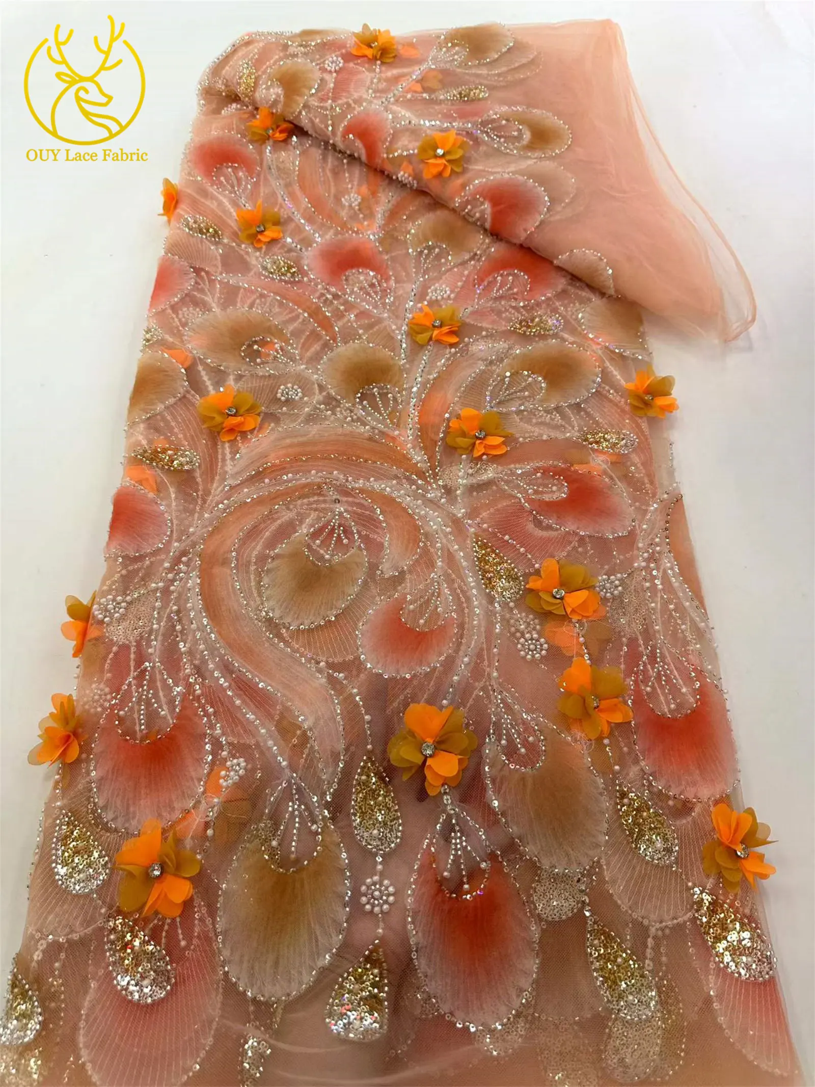 Eleganter 3D-Blumen-Afrikanischer Perlen-Spitzenstoff 2026 Französischer Nigerianischer Pailletten-Tüll-Spitzenstoff für Party- und Hochzeitskleider 5 Yards – Detail 14