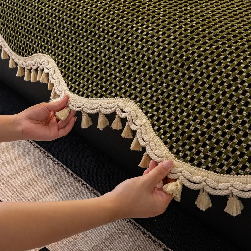 Mid-Century Straight Row Sofa Cover Mats Gingham New Tassel Edge All-Season Fixed Non-Slip Green Sofa Throw Cover for Home Decor