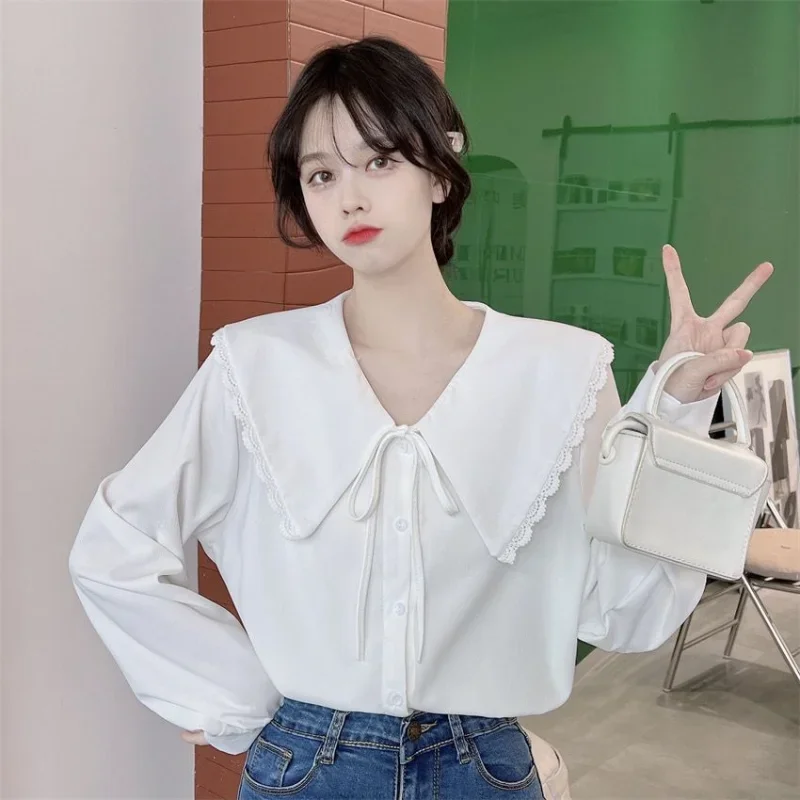 Spring Autumn New Sweet Bow Lacing White Shirt Tops Long Sleeve Solid Color Loose Blouse Fashion Korean Casual Women Clothing