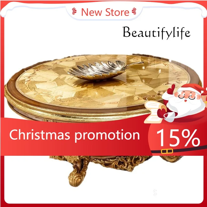 

Европейский элитный журнальный столик из массива дерева с резьбой, цветочным узором, контрастными цветами и паркетным покрытием, круглый, мебель X