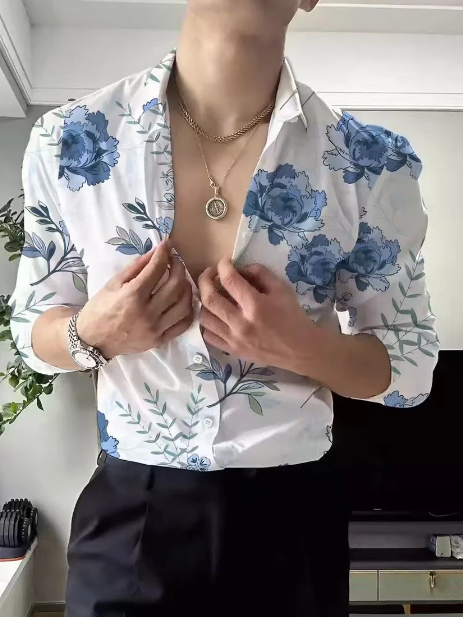 

2025 New Style Fresh Floral Pattern 3D Print Men's Long-Sleeve Shirt, Spring and Autumn Fashionable Casual Shirt