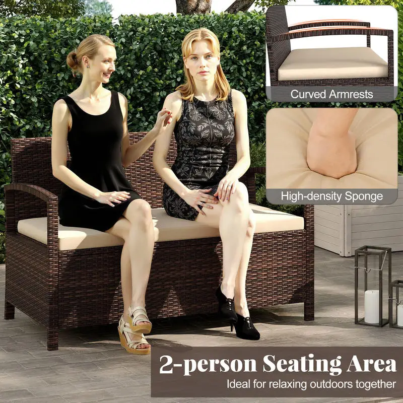 

Outdoor PE Wicker Storage Bench 2 Seater with Cushion and 42 Gallon Deck Box-Beige