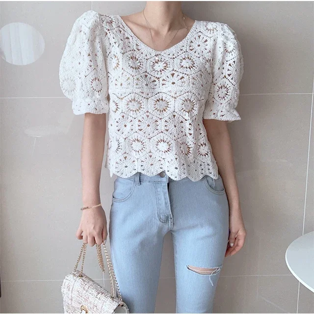 Crochet Lace Top Puff Sleeve Hollow-out Openwork Knit Top Blouse Shirt Women Spring Summer Boho Vacation Vintage Cottagecore view 4