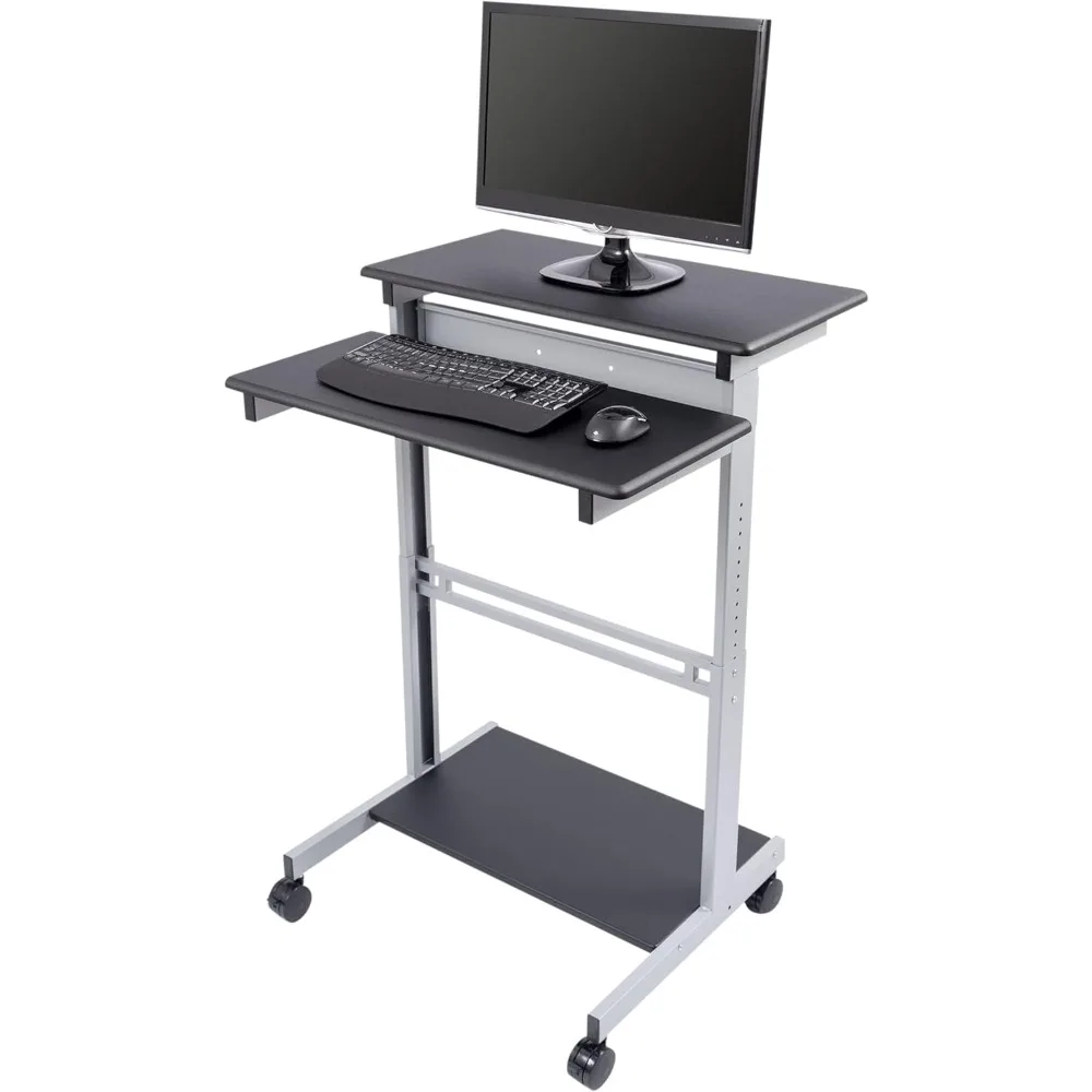 

S STAND UP DESK STORE Rolling Adjustable Height Two Tier Standing Desk Computer Workstation (Silver Frame/Black Top, 32 Wide)