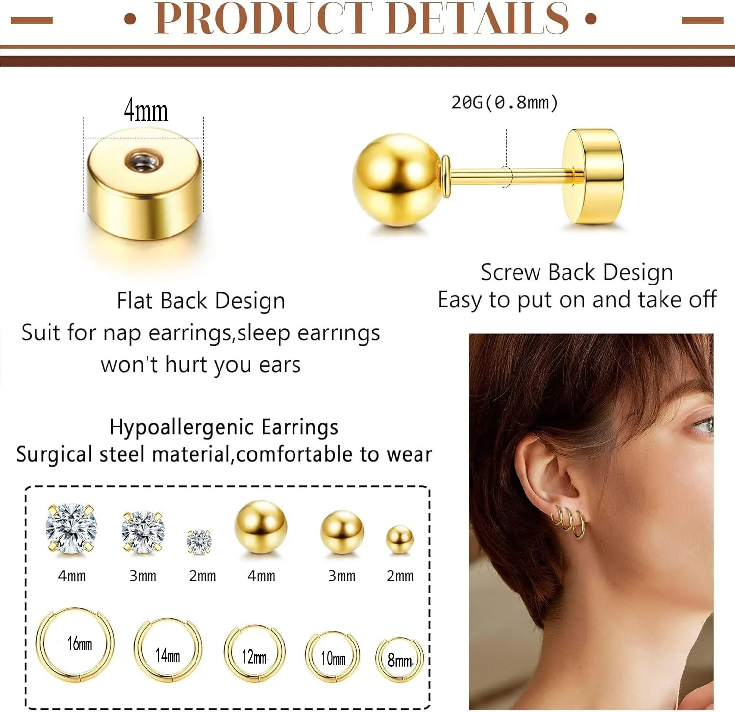 Surgical Steel Earrings Sets for Multiple Piercing Lightweight Small Huggie Hoop Earrings CZ Stud Earrings for Women